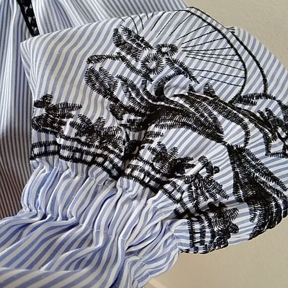 MANGO USA Blue and Black Relaxed Striped Embroidery Women's Blouses Size S - Picture 7 of 16